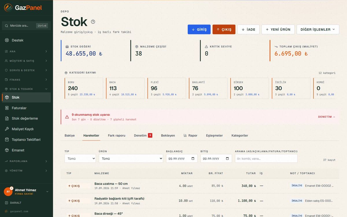 Stok hareket listesi — giriş, çıkış, iade, düzeltme; iş no ve usta ile